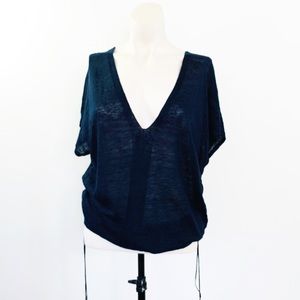 Theory Thin Knit Side Ruched Navy Linen Top Sz Med